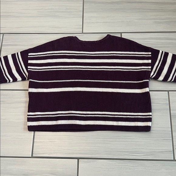 LA Hearts Cropped Crew Neck Merlot and White Stripe Cotton Sweater - Size M - Picture 2 of 8